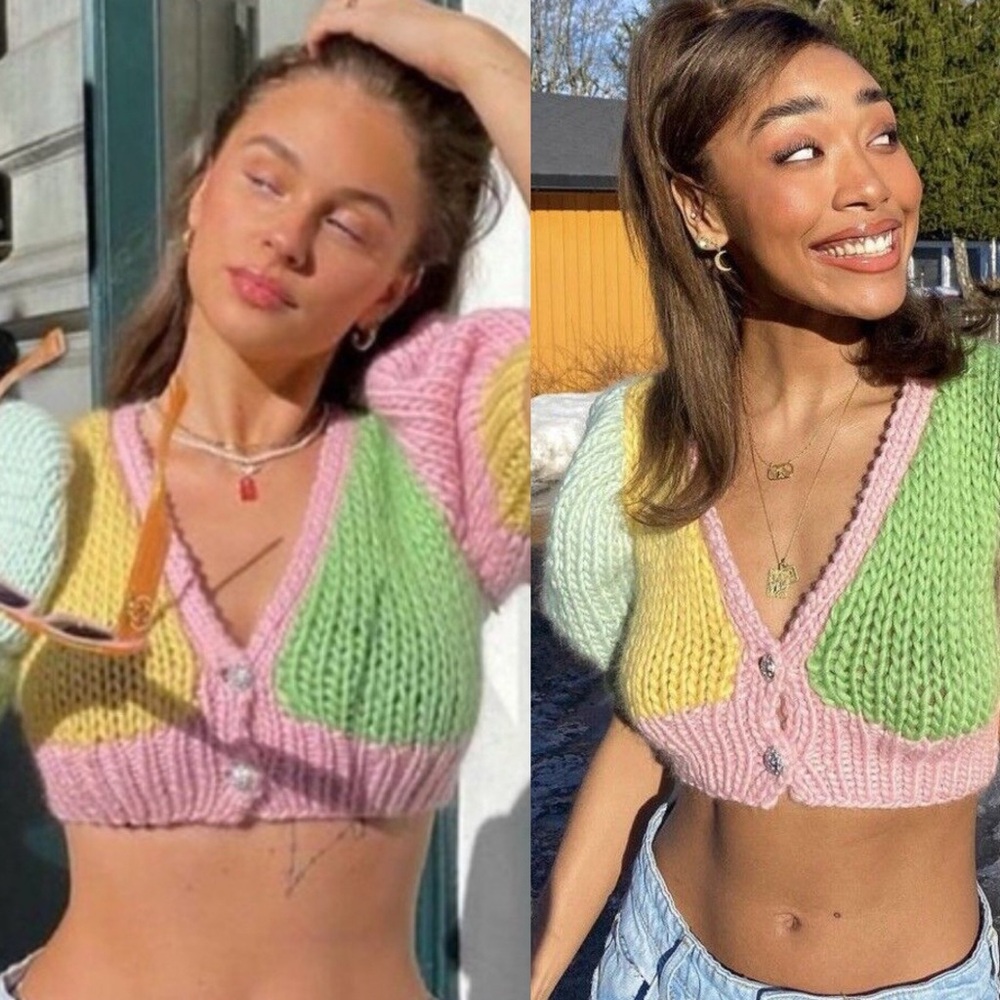 Hope Macaulay Sparkle Puff Sleeve Cardigan Sweater Pink Green Size Medium